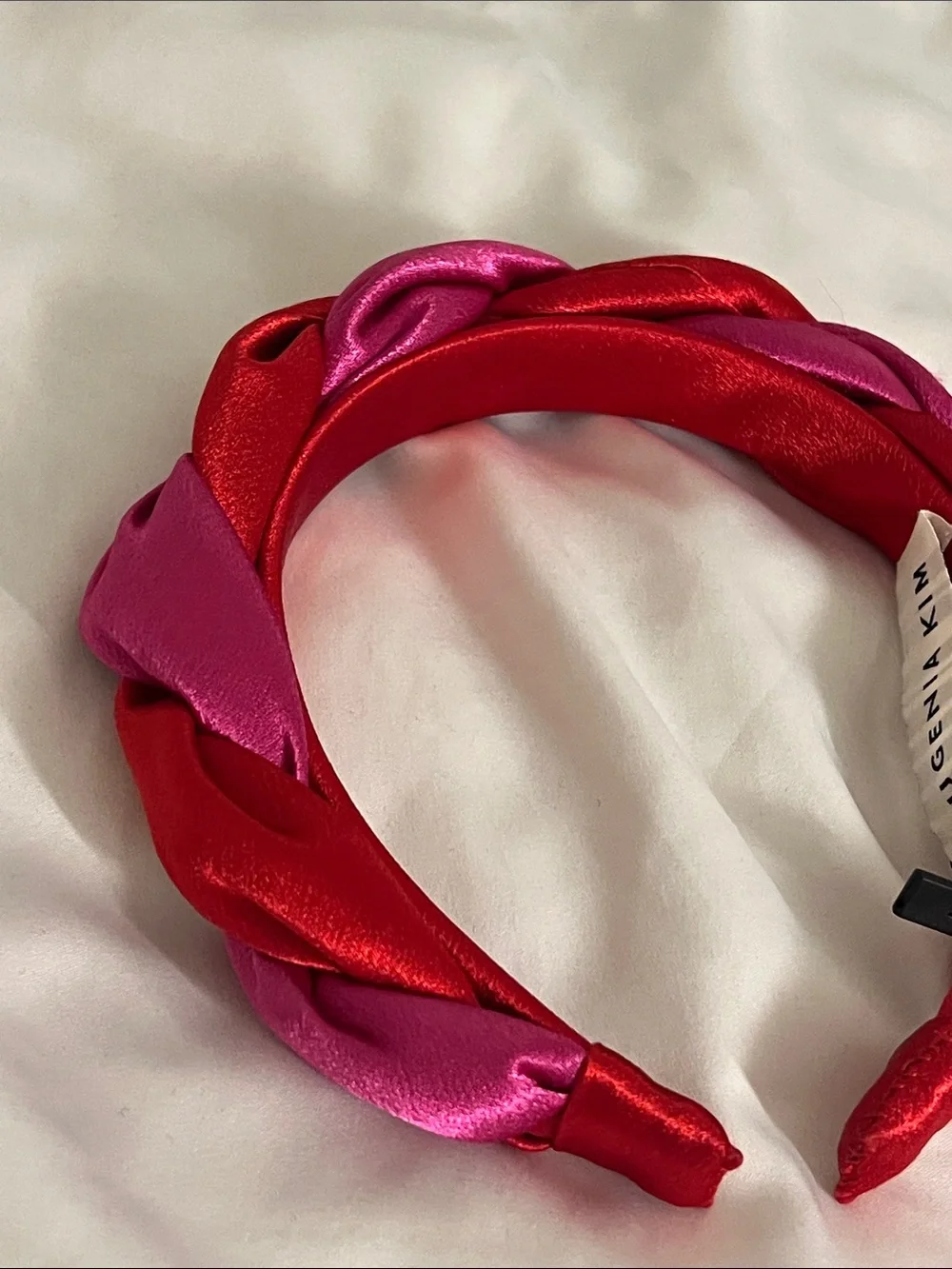 Eugenia Kim | Two-Tone Braided Satin Headband in Red & Pink